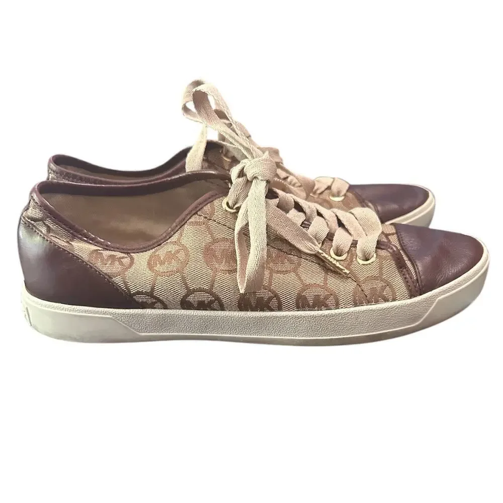 Michael Kors Logo Lace-Up Sneakers Brown Monogram Canvas Size 8M